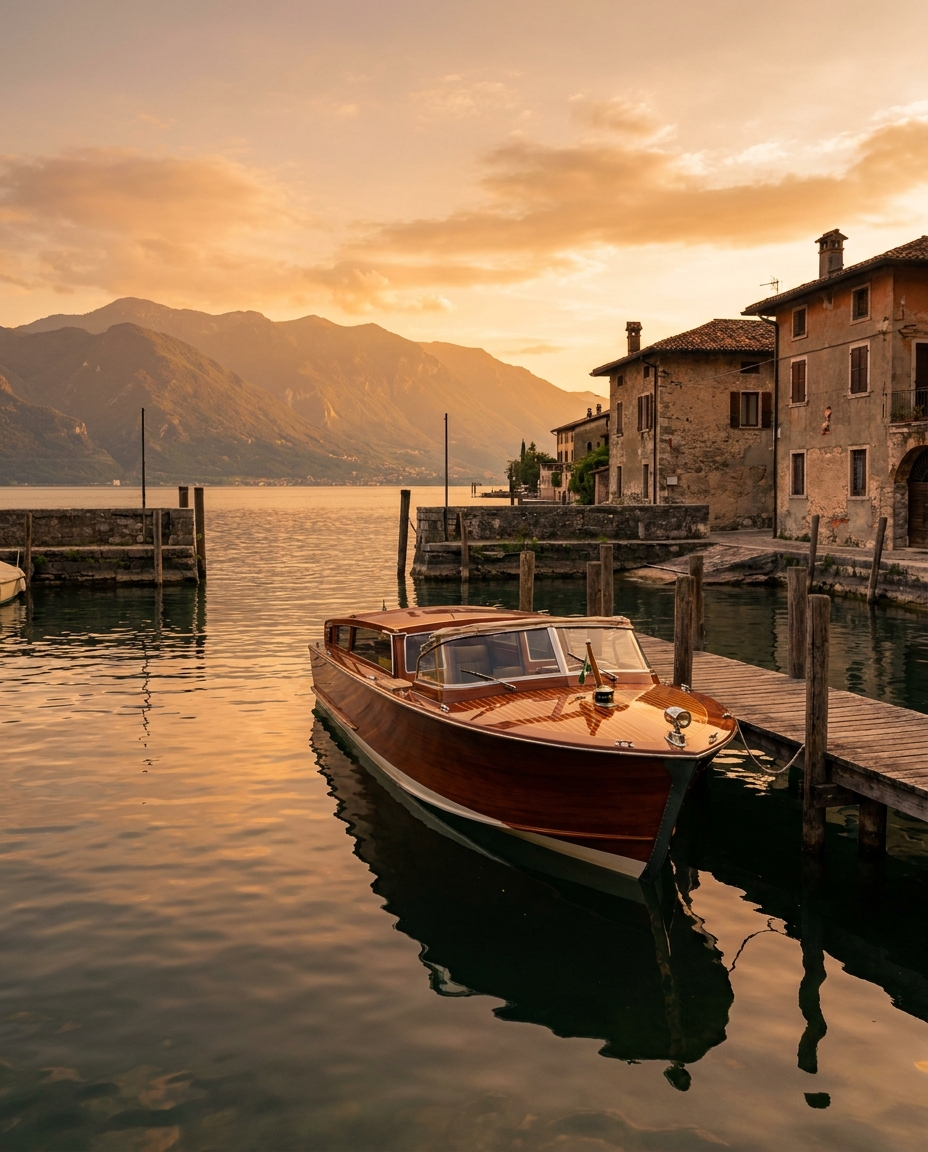 Classic wooden motorboat moored at a Lake Garda harbour at sunset