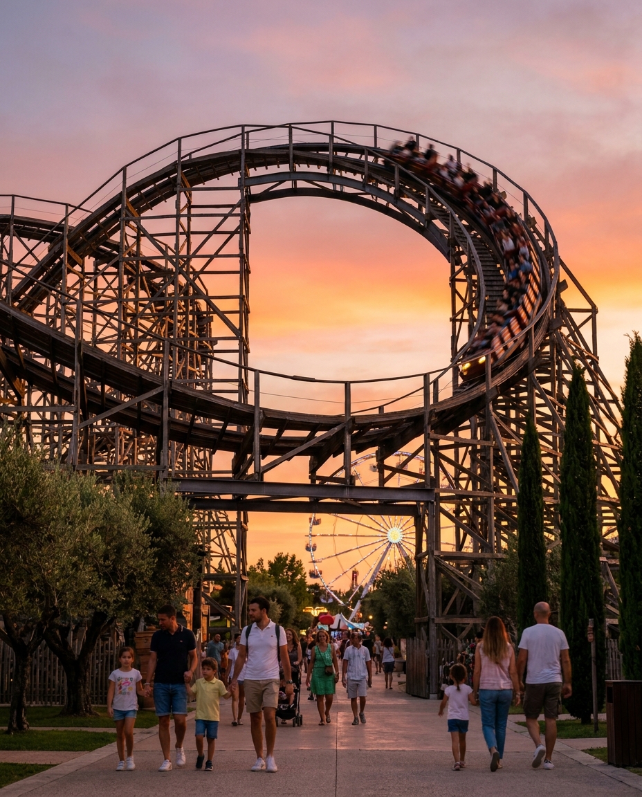 Modern rollercoaster against a sunset sky at an Italian theme park