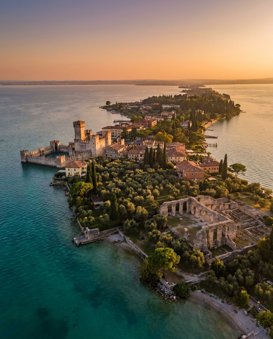 Aerial view of the Sirmione peninsula at golden hour with the Scaliger Castle