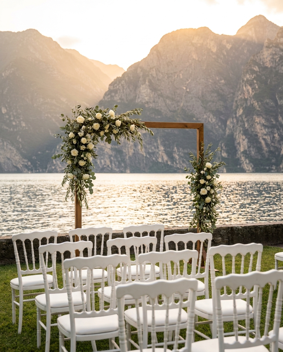 Outdoor wedding ceremony setup at Lake Garda with lake and mountains beyond